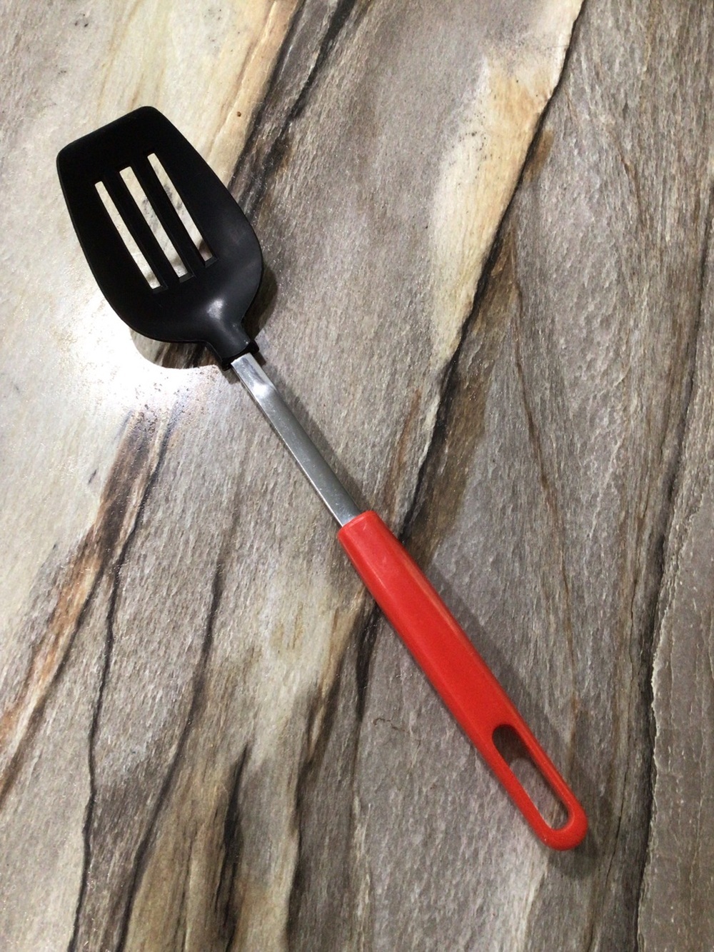 Vintage Korea Slotted Serving Spoon Nylon Head Red Handle Stainless Shaft 11”